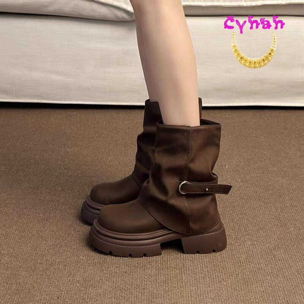 Botas Curtas Femininas CYNAN , Antiderrapantes De Cabeça Redonda Com Fundo Grosso Tubulares Resistentes Ao Desgaste