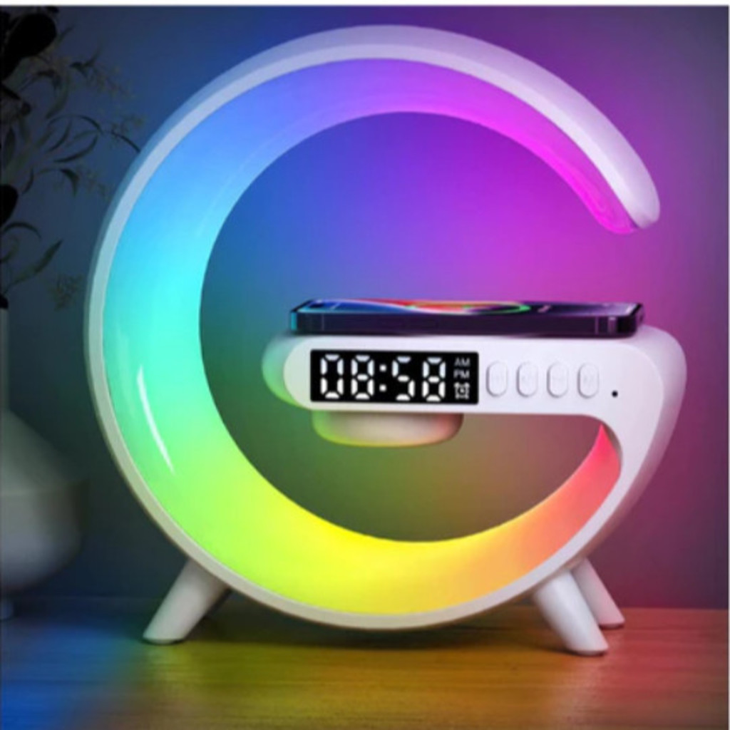 Caxinha de Som G -Speaker COR BRANCA Com Relógio Luminária Bluetooth Inteligente Carregador Sem Fio Led Luz Rgb-LC