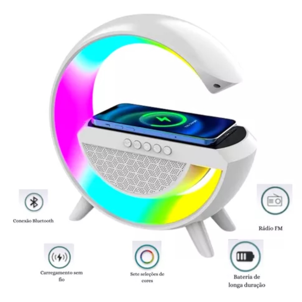 Luminária Bluetooth Inteligente Carregador Sem Fio Alarme Led Luz RGB Abajur Som
