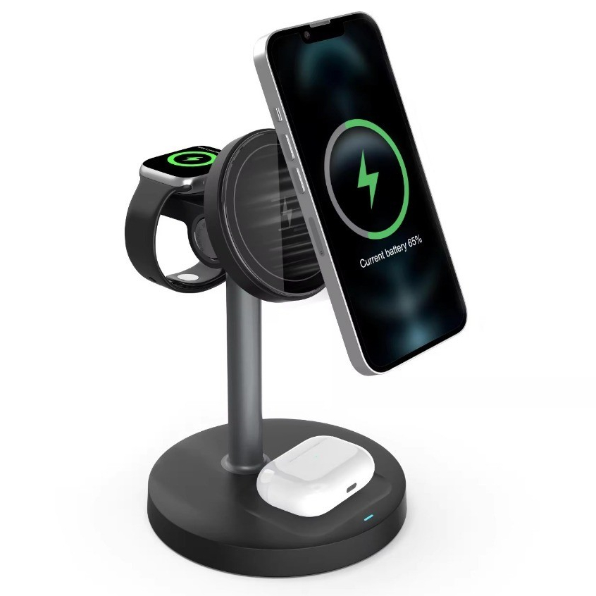 Carregador Sem Fio Magnético 3 em 1 15W Suporte de Mesa para Celular, Relógio Inteligente e Fone Bluetooth