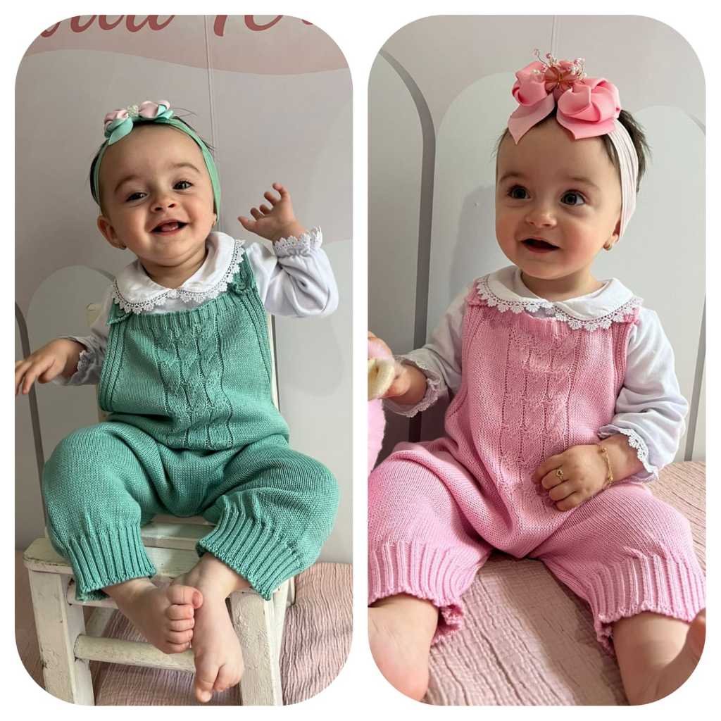 JARDINEIRA DE TRICOT MODELO VERANEIO ESTILO JUMPER BAG MENINO E MENINA
