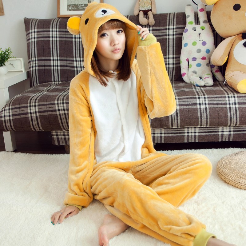 Versão coreana casal pijamas dos desenhos animados pijamas de uma peça urso Animal macacão engrossado Homewear Coral vel