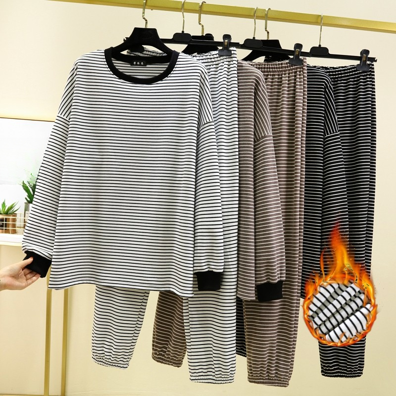 Outono inverno alemão veludo feminino solto preto branco listrado Loungewear pode usar fora terno de duas peças mais vel