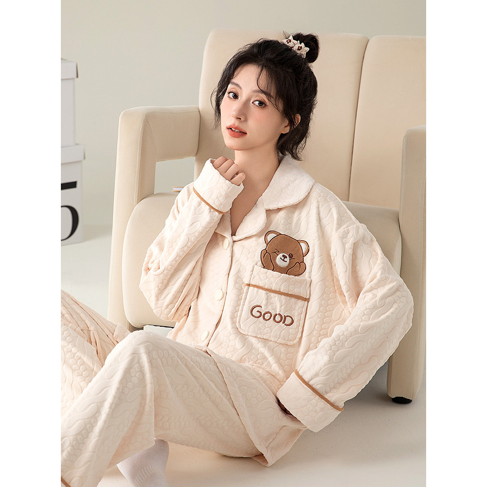 Ursinho 2026 novo estilo pijamas femininos outono inverno veludo alemão primavera outono estilo manga comprida Coral vel