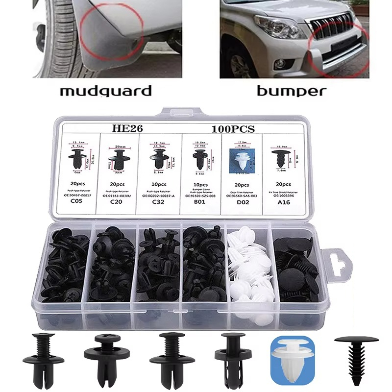 Adequado para carros, veículos e guarda-lamas Conjunto de fivelas e fixadores de carro Conjunto de 100 peças, com caixa