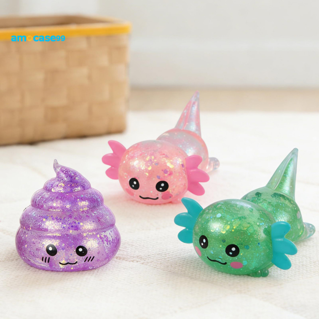 Hand Squeeze Toy Salamander Stress Reliever 3pcs Glitter Poop Relief Fidget Decompression Ball Fun Party Favors for Kids