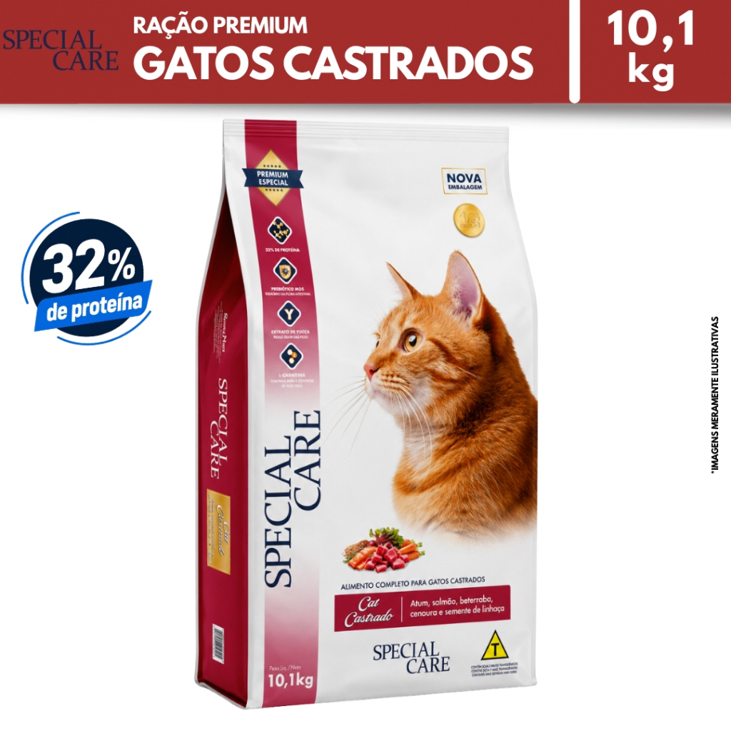 Ração Premium Gato Castrado Special Care Cat 10,1kg Atum e Salmão 32% Proteína Controle de Peso