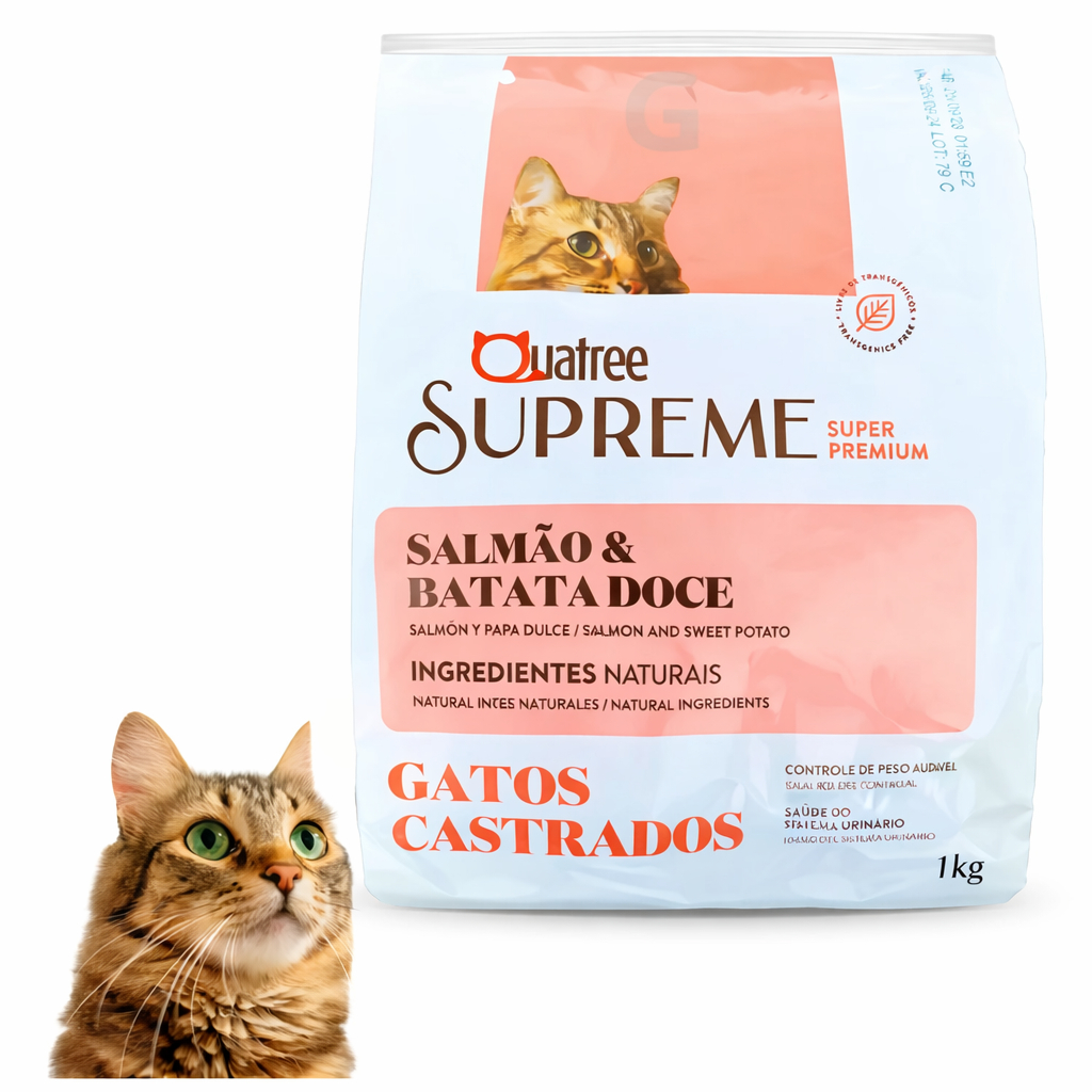 Quatree Supreme Gatos Castrados Salmão 1kg – Super Premium, Controle de Peso e Saúde Urinária