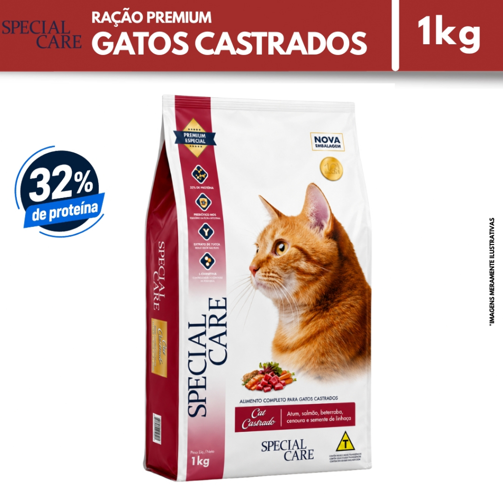Ração Gato Castrado Special Care Cat 1kg Premium Sabor Atum e Salmão 32% Proteína Controle de Peso
