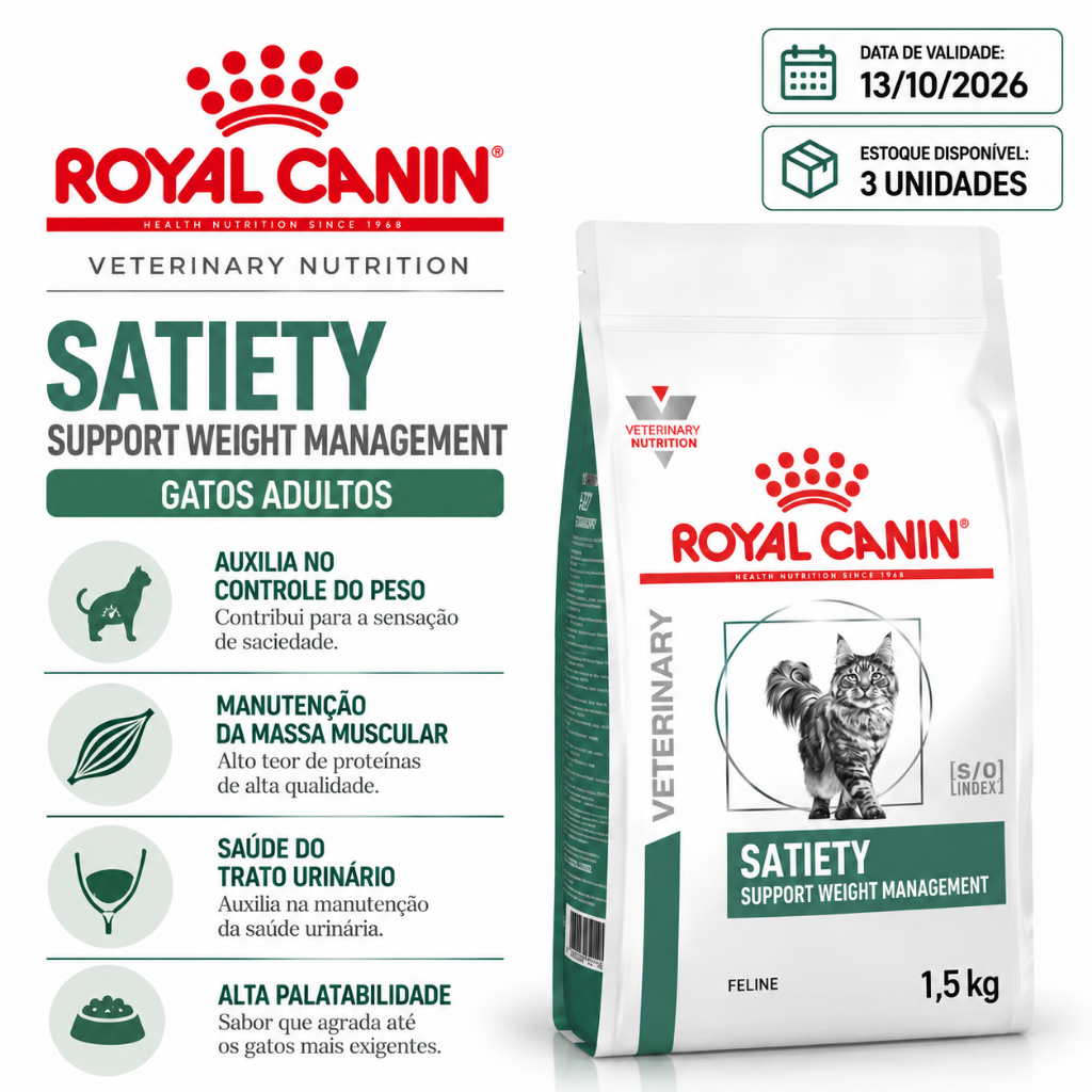 Ração Royal Canin Veterinary Diet Satiety Controle de Peso para Gatos 1,5kg