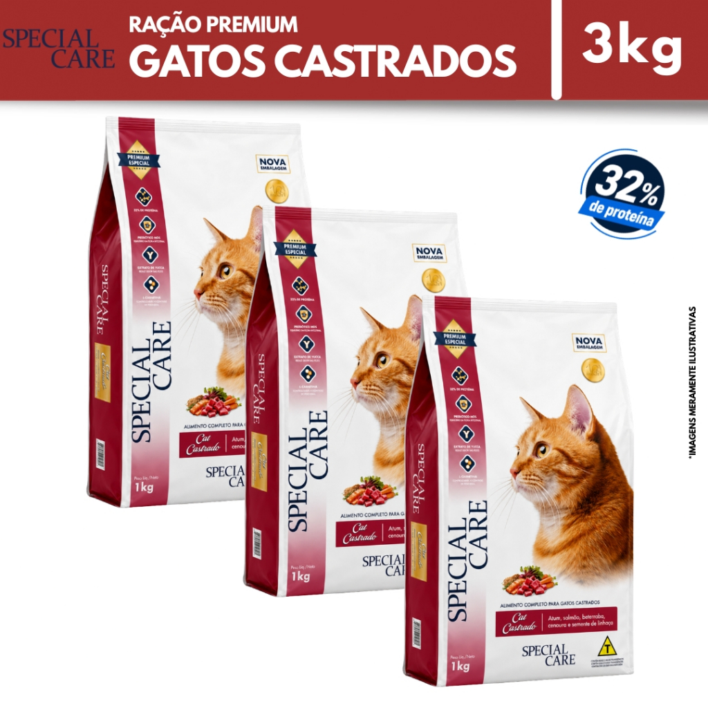 3x Ração Premium Gato Castrado Special Care Cat 1kg Atum e Salmão 32% Proteína Controle de Peso