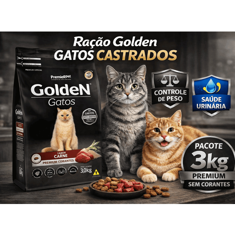 Ração Golden Gatos Castrados Carne 3kg Premium Sem Corantes Controle de Peso