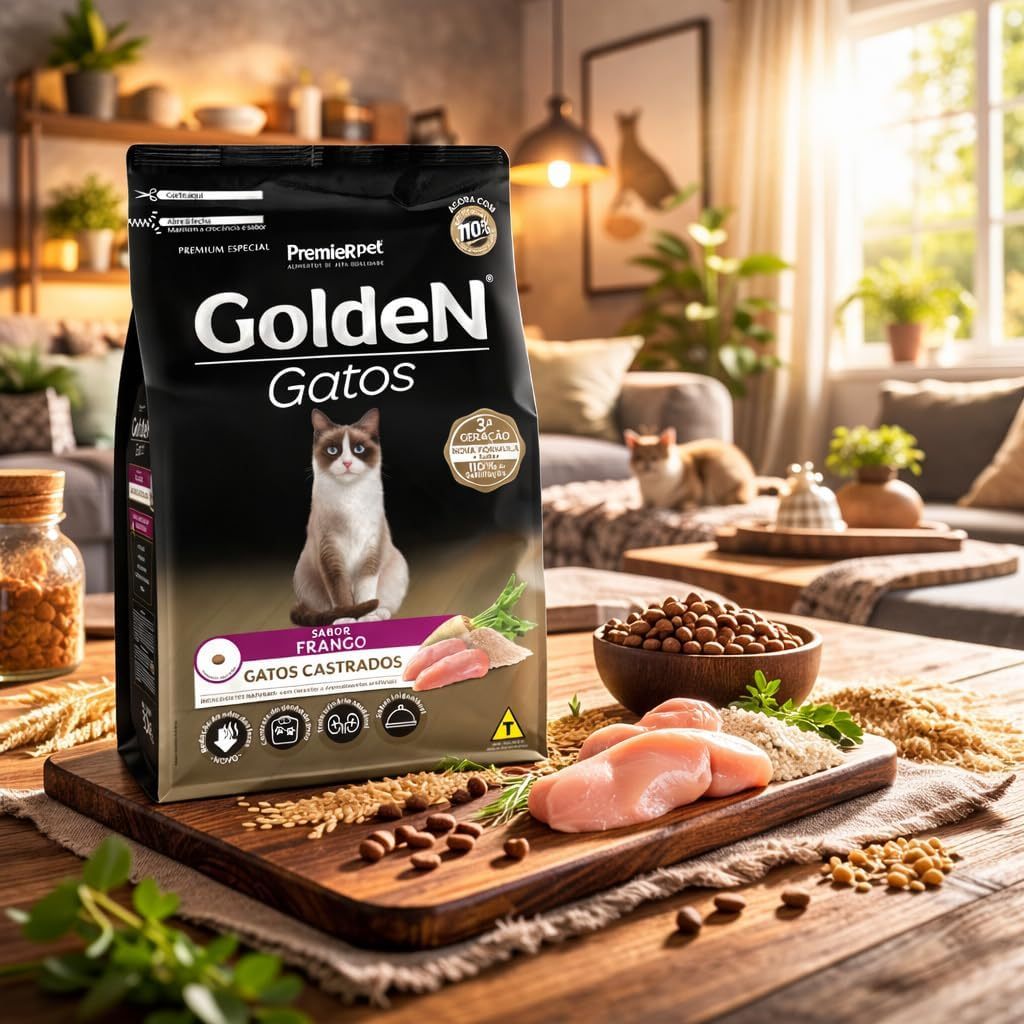 Ração Golden Gatos Castrados Frango 3kg Premium Sem Corantes Controle de Peso