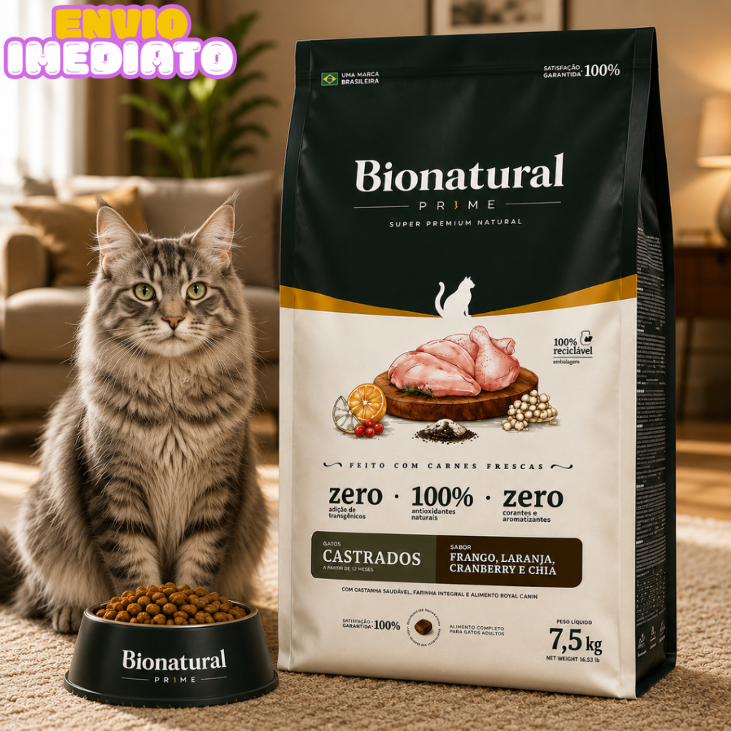 Ração p/ Gatos Castrados 7,5kg Bionatural Controle de Peso e Urinário - Envio Imediato