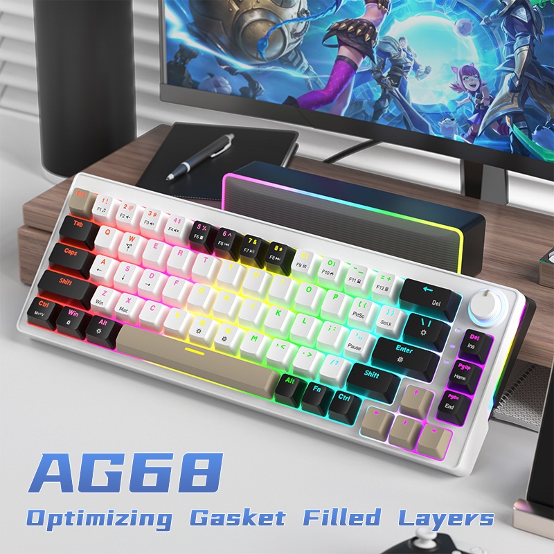 Teclado Mecânico Gamer 68 Teclas RGB Vermelho Silencioso Hot-Swap ABNT2 Com Fio para Jogos Trabalho com PC Xbox PS4 Mac