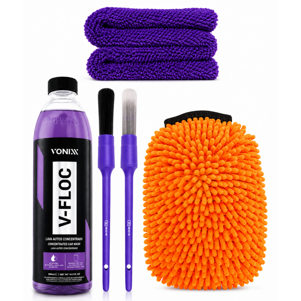 Kit Lavagem Profissional Vonixx V floc + Pinceis + Luva de Microfibra + Toalha 40x60 Secagem