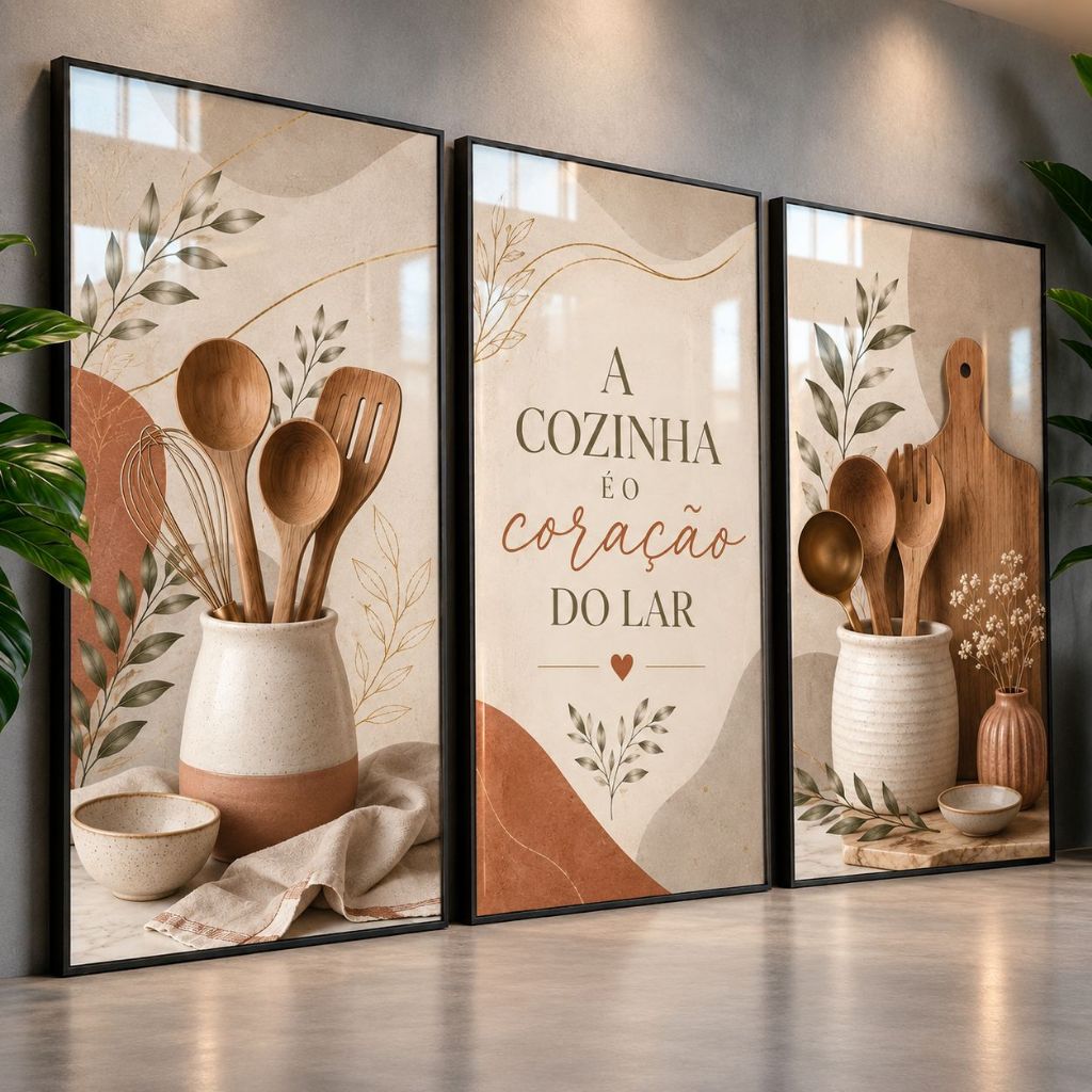 Trio de Quadros Decorativos para Cozinha Coração do Lar Utensílios Folhagens Tons Terrosos Boho Moderno Elegante
