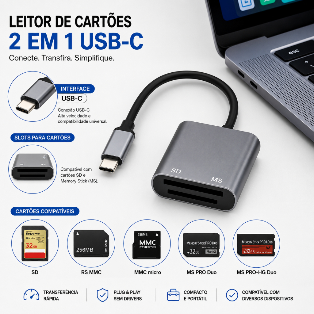 Leitor USB-C para Memory Stick Pro Duo Compatível Com iPhone 15 iPad MacBook E Android OTG