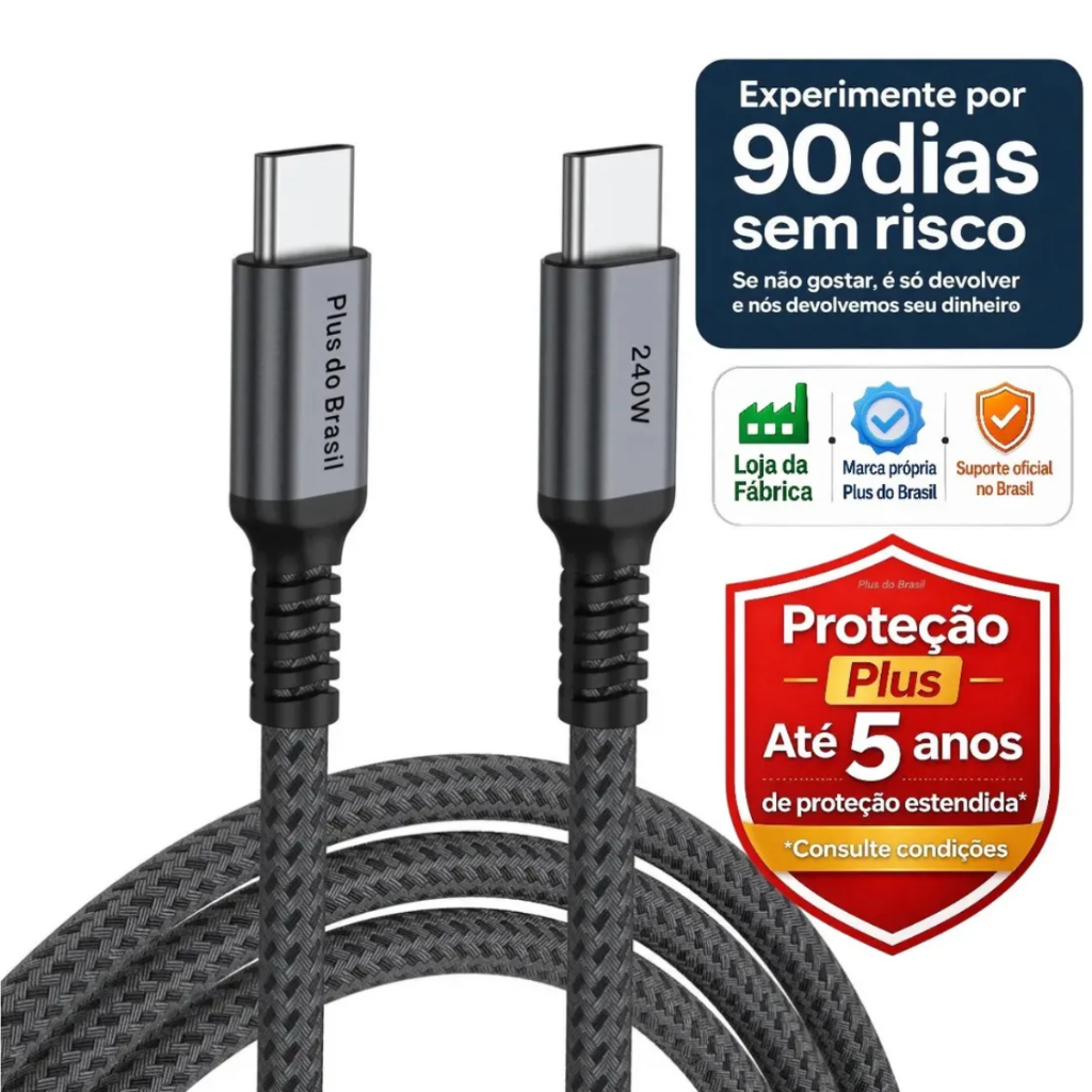 Plus Do Brasil Cabo Tipo C Duplo 240w 2 Metros Com Chip E-mark Compativel Com Apple Macbook iPhone 17 16 15