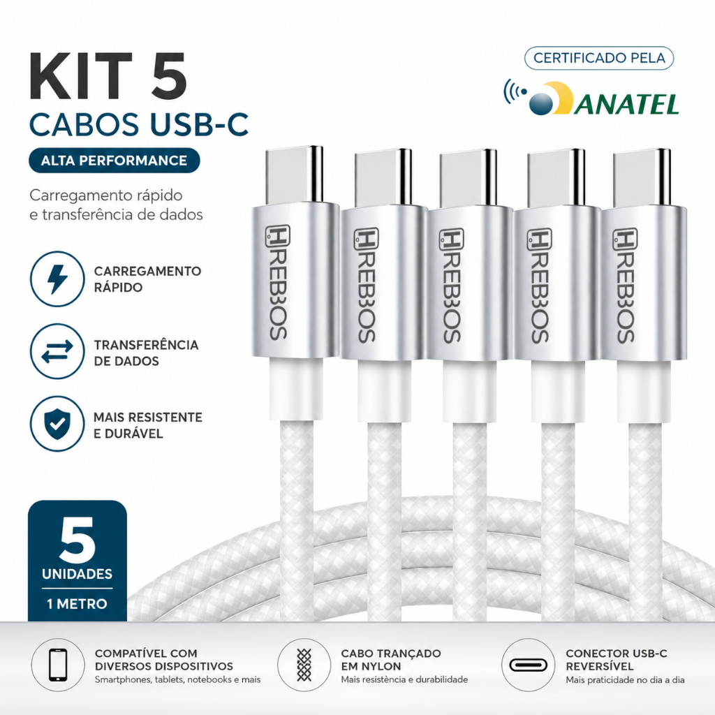 Kit 100W Turbo Cabos USB-C Reforçados iPhone 15 MacBook Xiaomi Samsung Alta Velocidade