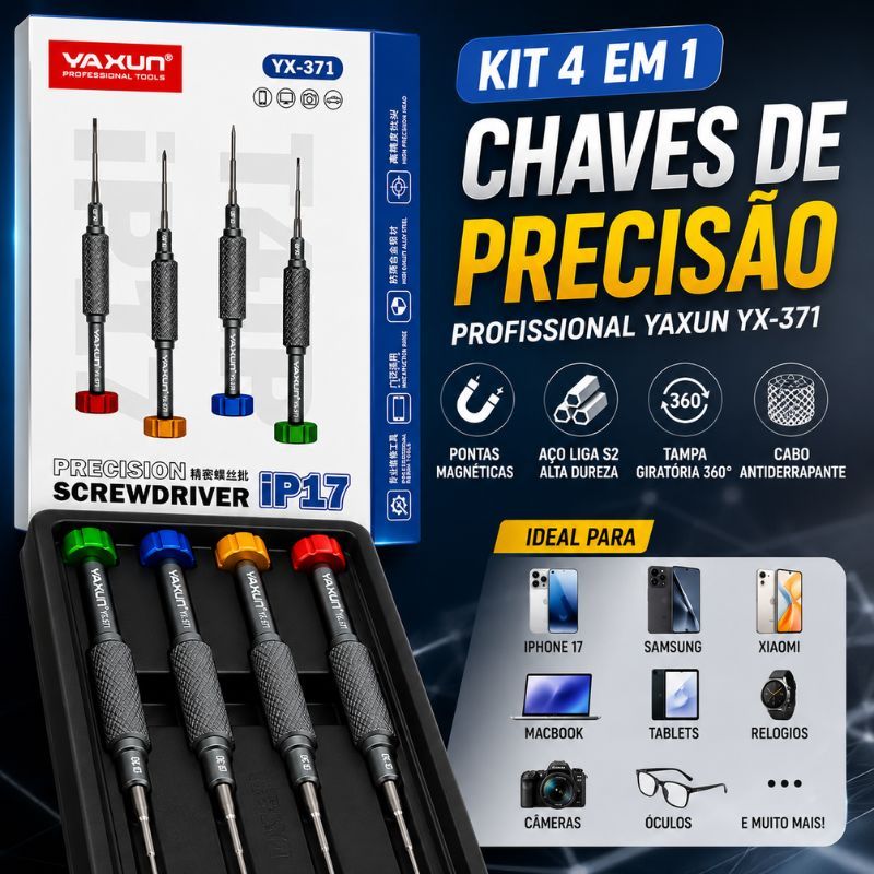 Kit Chaves Precisão YAXUN YX-371 4 em 1 Magnéticas S2 iPhone 17 Samsung Xiaomi MacBook Reparo