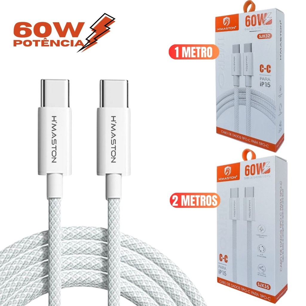 Cabo Tipo-C 60W Turbo para Iphone 15 e 16 - 1Metro/2Metros -  iPad/MacBook