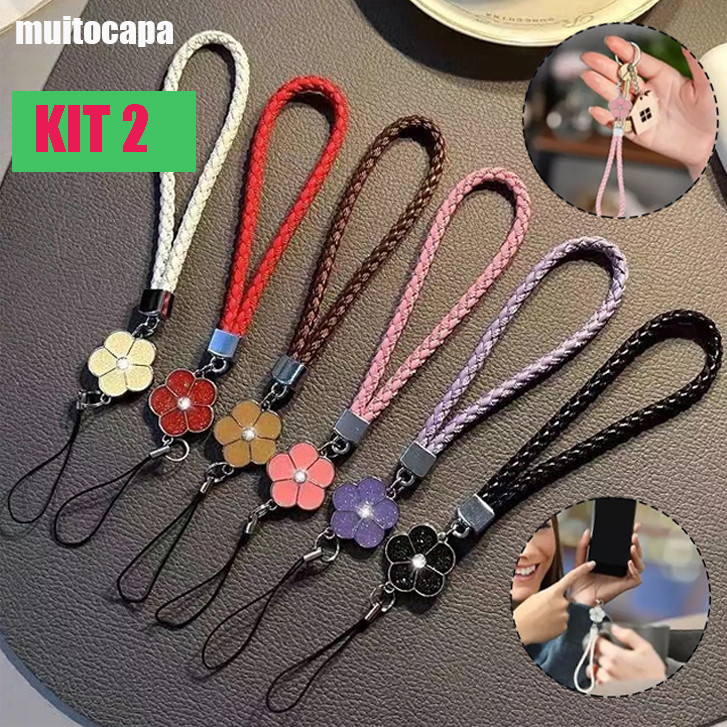 Kit 2 Flores Coloridas Correias Para Telefones Celulares Capinha Lanyard Weave Leather Stretch Wrist-rope Cordão GS005