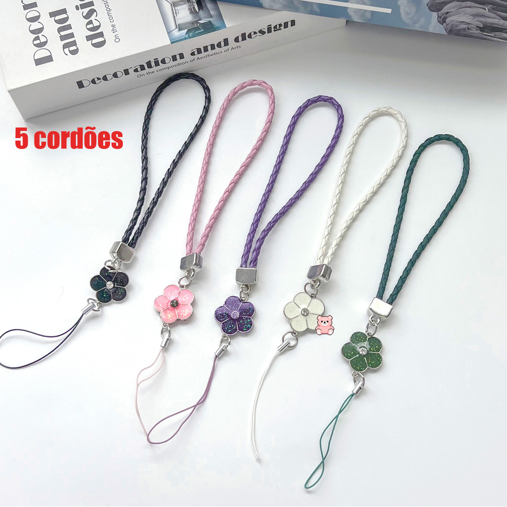 5 Cores Vários itens Flores Da Moda Coloridas Correias Para Capinha Lanyard Weave Leather Stretch Wrist-rope Cordão