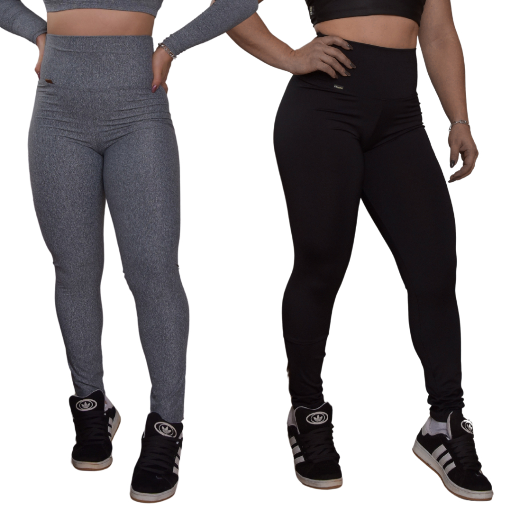 Kit Calça Legging Feminina Suplex Cós Alto Empina Bumbum Básica Lisa Preta e Cinza Sem Transparência Dia a Dia