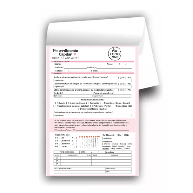 Bloco Ficha de Anamnese Procedimento Capilar com sua Logo 14x20cm - 50 folhas