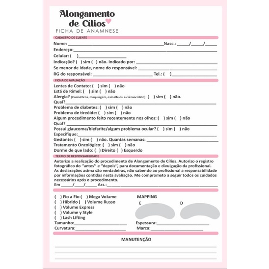 Ficha de Anamnese, Procedimento Estéticos / Com logo - Bloco 50 folhas