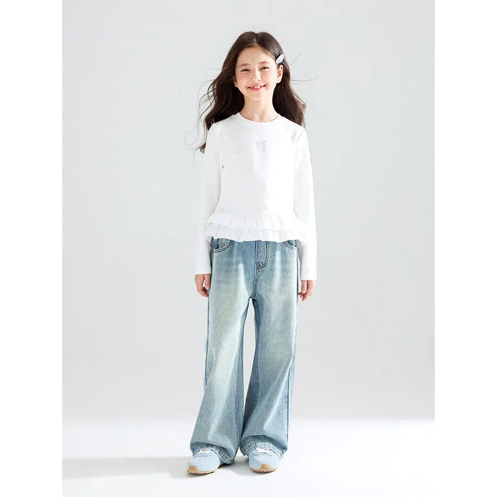 [Cloud Dream Ballet] Roupas infantis 2026 Primavera Algodão Arco Nó Diamante Quente Camiseta Bolo Renda Manga Longa Meni