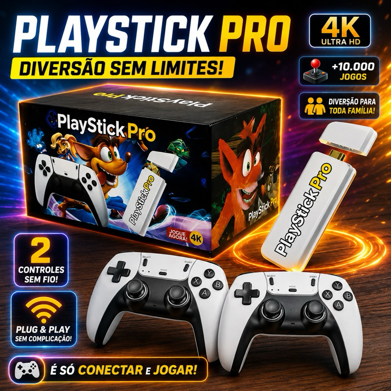 Game stick Pro 4K + 2 Controles Sem Fio | +30.000 Jogos Retrô | Destaque PS1 | SNES, Mega Drive, Atari