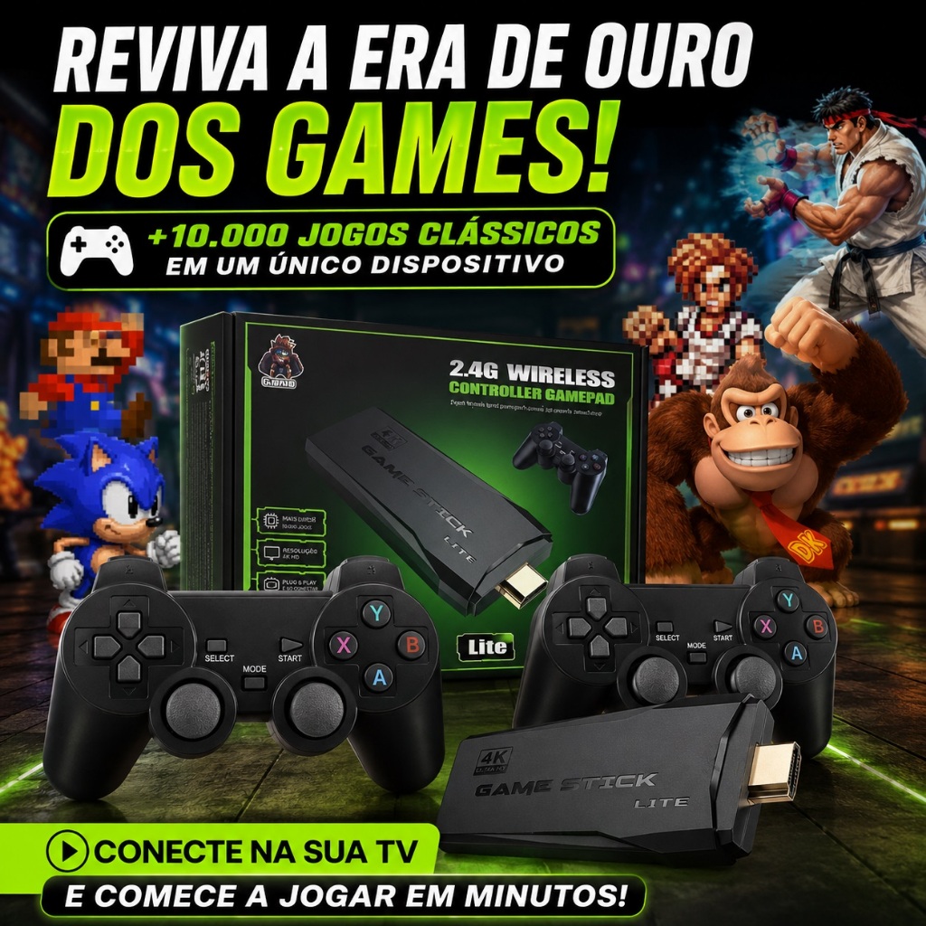 Game Stick 4K Retrô 10000 Jogos Console HDMI com 2 Controles Sem Fio Plug and Play PS1 Atari GBA
