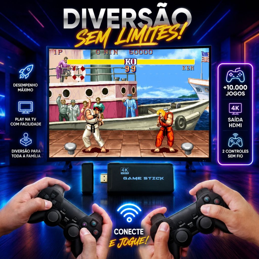 Console Retrô 10.000 Jogos Vídeo Game Stick PS1 Atari CPS FC GBA GB GBC MD e SFC Controles Sem Fio