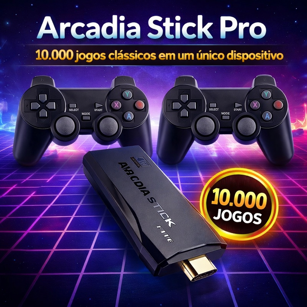 Arcadia Stick Pro Console Retrô 4K | 10.000 Jogos Clássicos | 2 Controles Sem Fio | PS1, Atari, SNES | Plug & Play HDMI