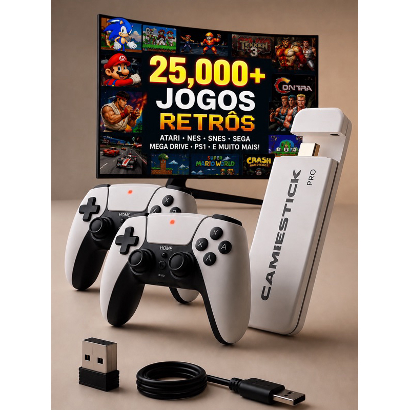 Game stick retrô ps1-neo geo-Atari-super Nitendo-game boy e outros mais de 25 mil jogos 2026 entrada tipo C