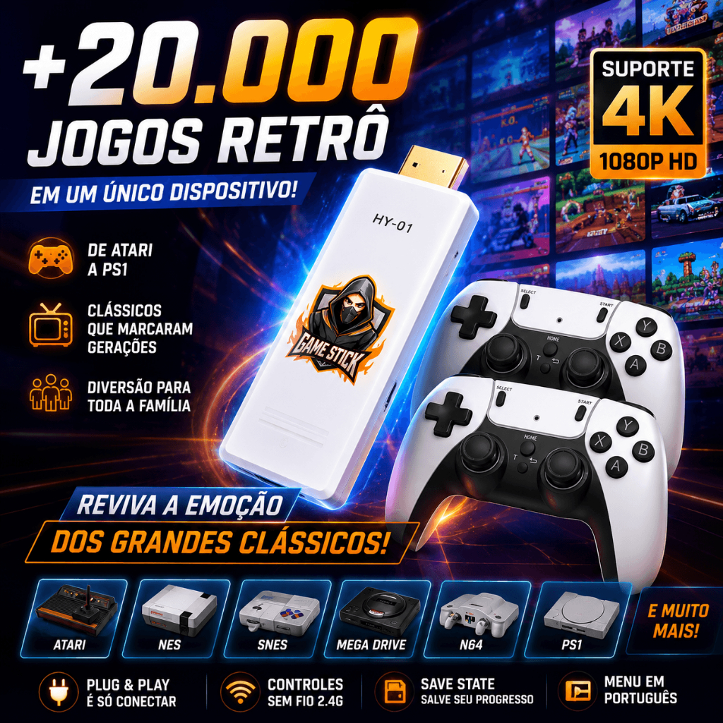 Game Stick 4K 20000 Jogos Retrô HDMI Com 2 Controles Sem Fio Atari SNES PS1 N64