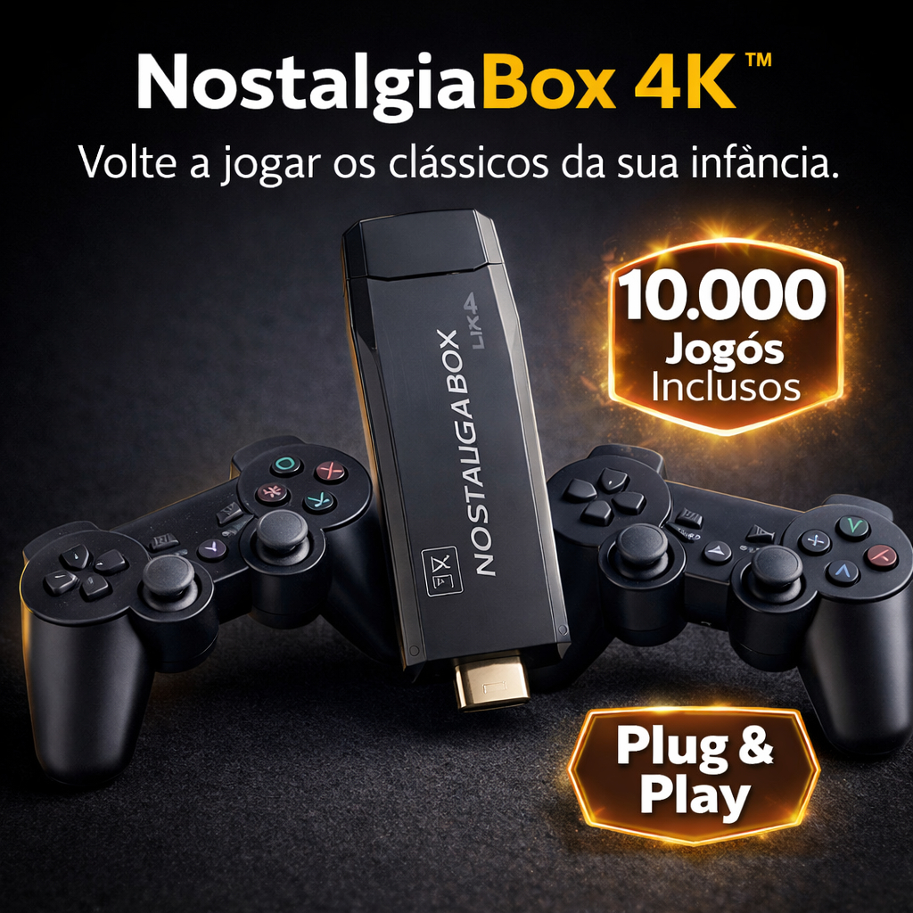 Game Stick 4K NostalgiaBox com 10.000 Jogos Retrô + 2 Controles Sem Fio HDMI Plug & Play PS1 Atari Super Nintendo
