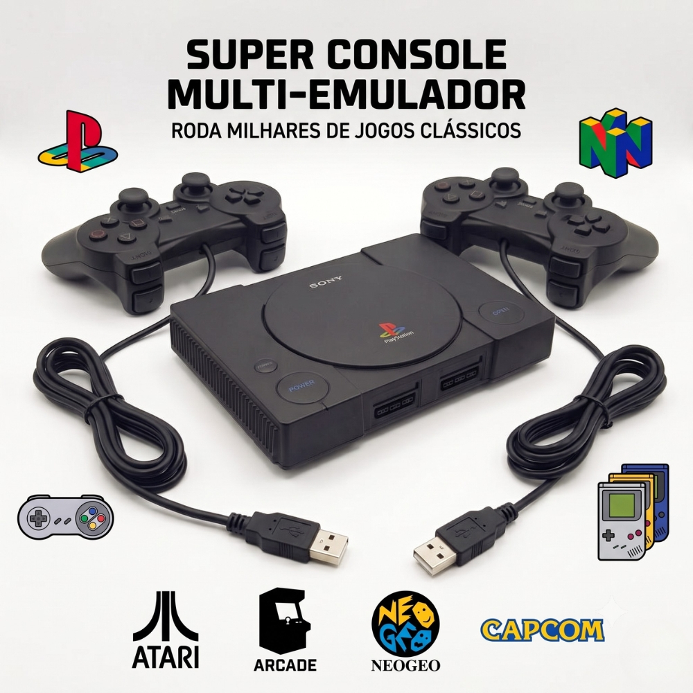 Video Game Retro Console Multi Emulador Retrostation PS1 SNES N64 Atari Arcade Com 2 Controles USB