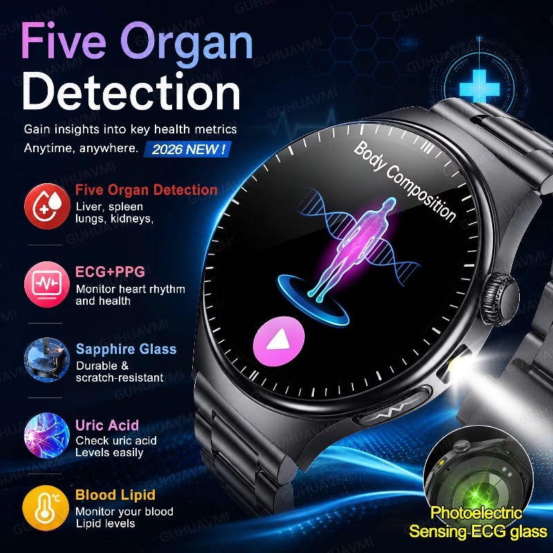 2026New Saúde Smartwatch Relógio Inteligente Cinco Órgãos Detecção ECG + PPG Ácido Úrico Sangue Lipídio Monitor De Vidro