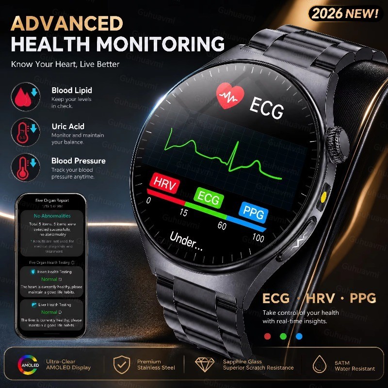 2026New Relógio Inteligente Masculino ECG + PPG Monitor De Pressão Arterial HRV Ácido Úrico Sangue Lipídio À Prova Dwate