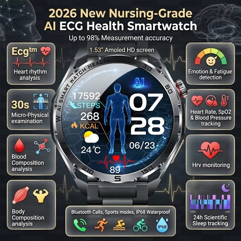2026New Relógio Inteligente AI ECG De Grau De Enfermagem 1.53'Vidro De Safira Freqüência Cardíaca Monitor De Ácido Úrico