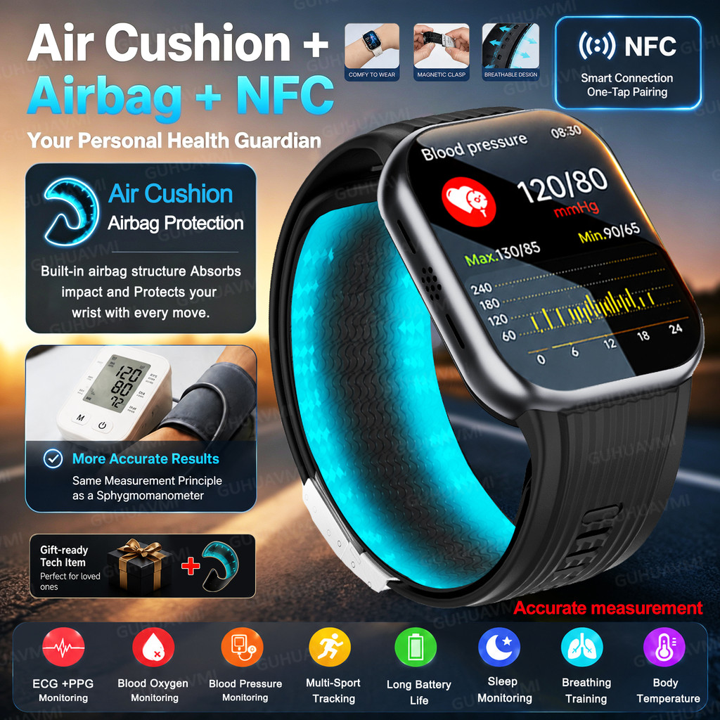 2026New Airbag Pressão Arterial SmartWatch NFC ECG + PPG Temperatura Do Corpo Sono SpO2 Monitor Esportes Fitness Saúde P