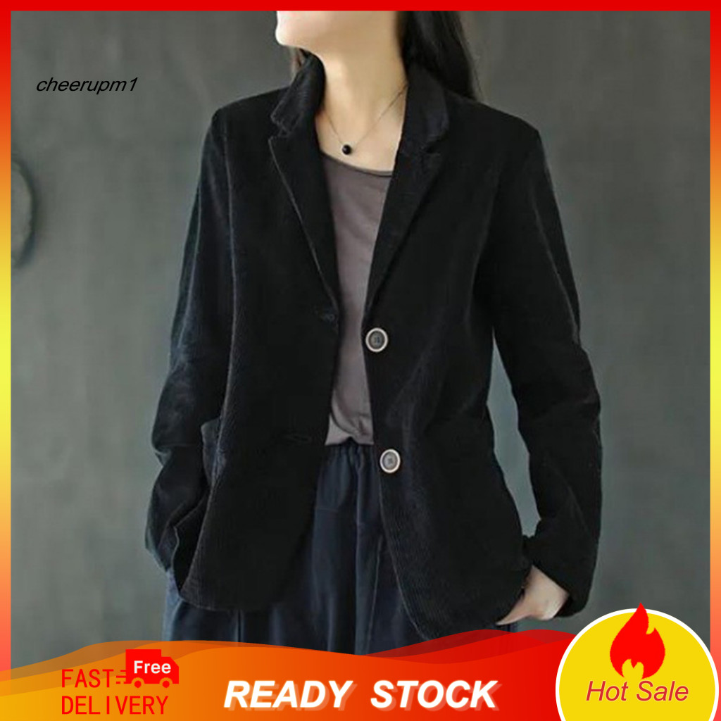 Suit Coat Simple Design Jacket Women’s Corduroy Autumn Retro Loose Fit Single-breasted Blazer with Pockets Long Sleeve