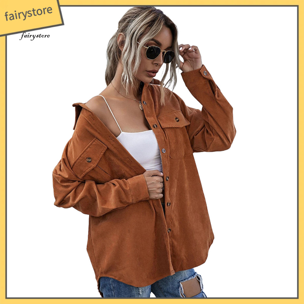 Solid Color Women Coat Long-sleeve Jacket Spring Fall Corduroy for Loose Button-down with Chest Pockets Turn-down Collar