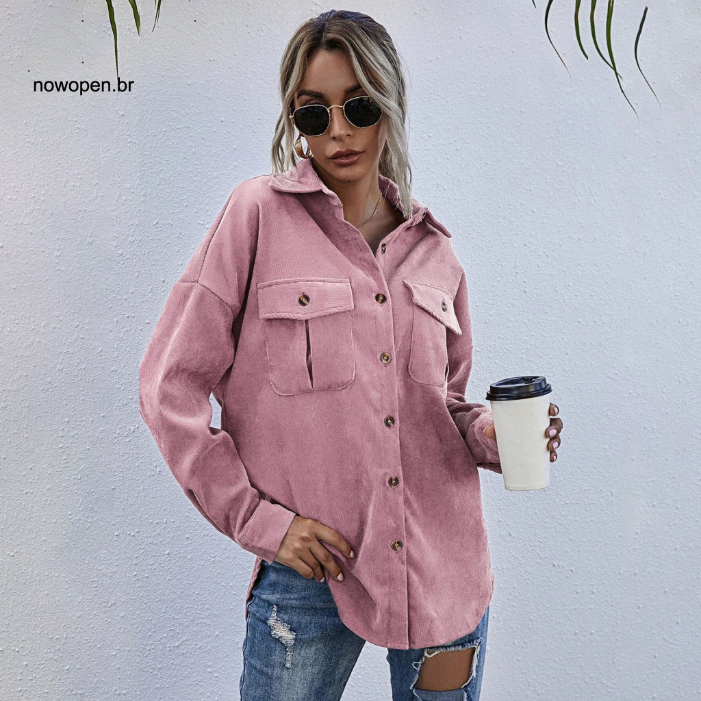 Spring Outerwear Women Long-sleeve Jacket Fall Corduroy for Loose Button-down Coat with Chest Pockets Turn-down Collar L