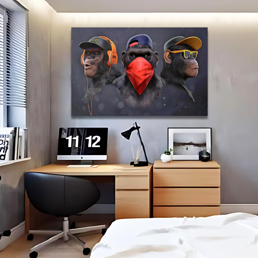 Quadro Grande Gamer 90x60 03 Macacos Sabios Tela Tecido Profissional e Madeira 100% MDF