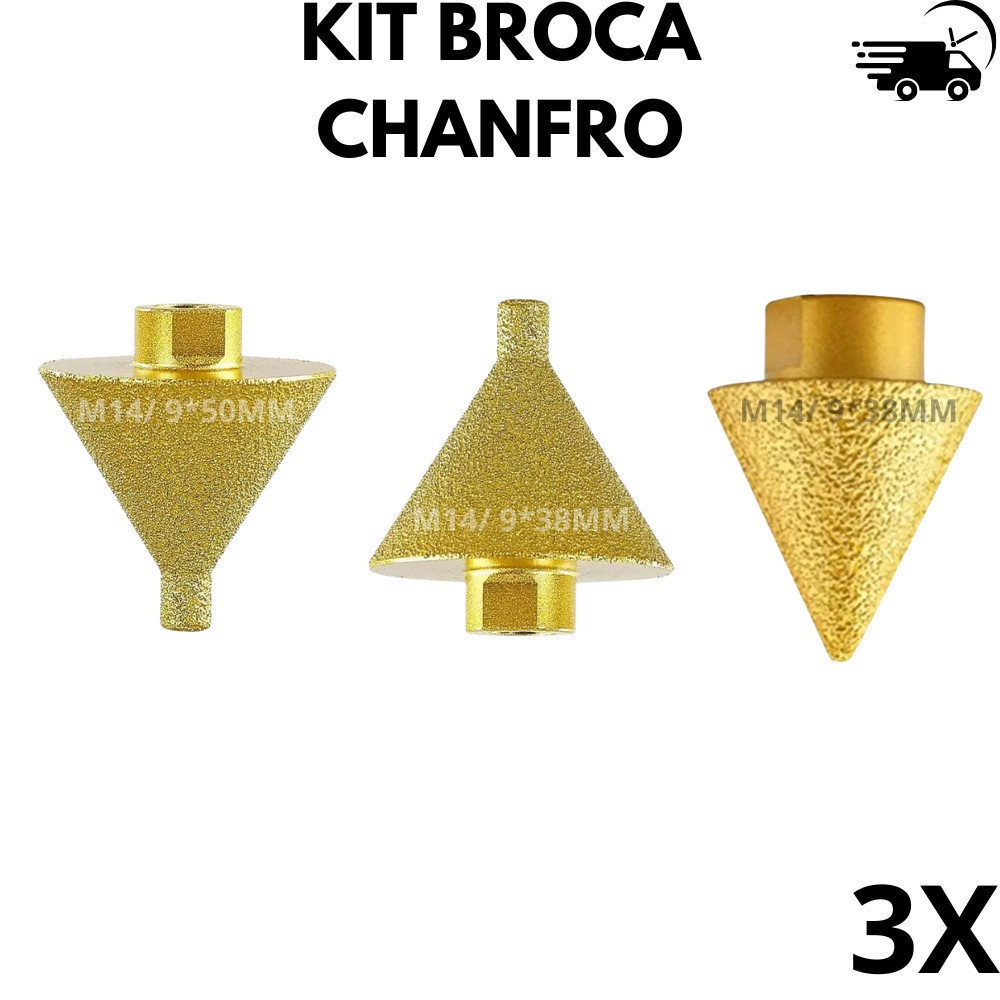 Kit 3 Brocas Conicas Chanfro Diamante M14 Esmerilhadeira 9*38/0*38/0*50mm
