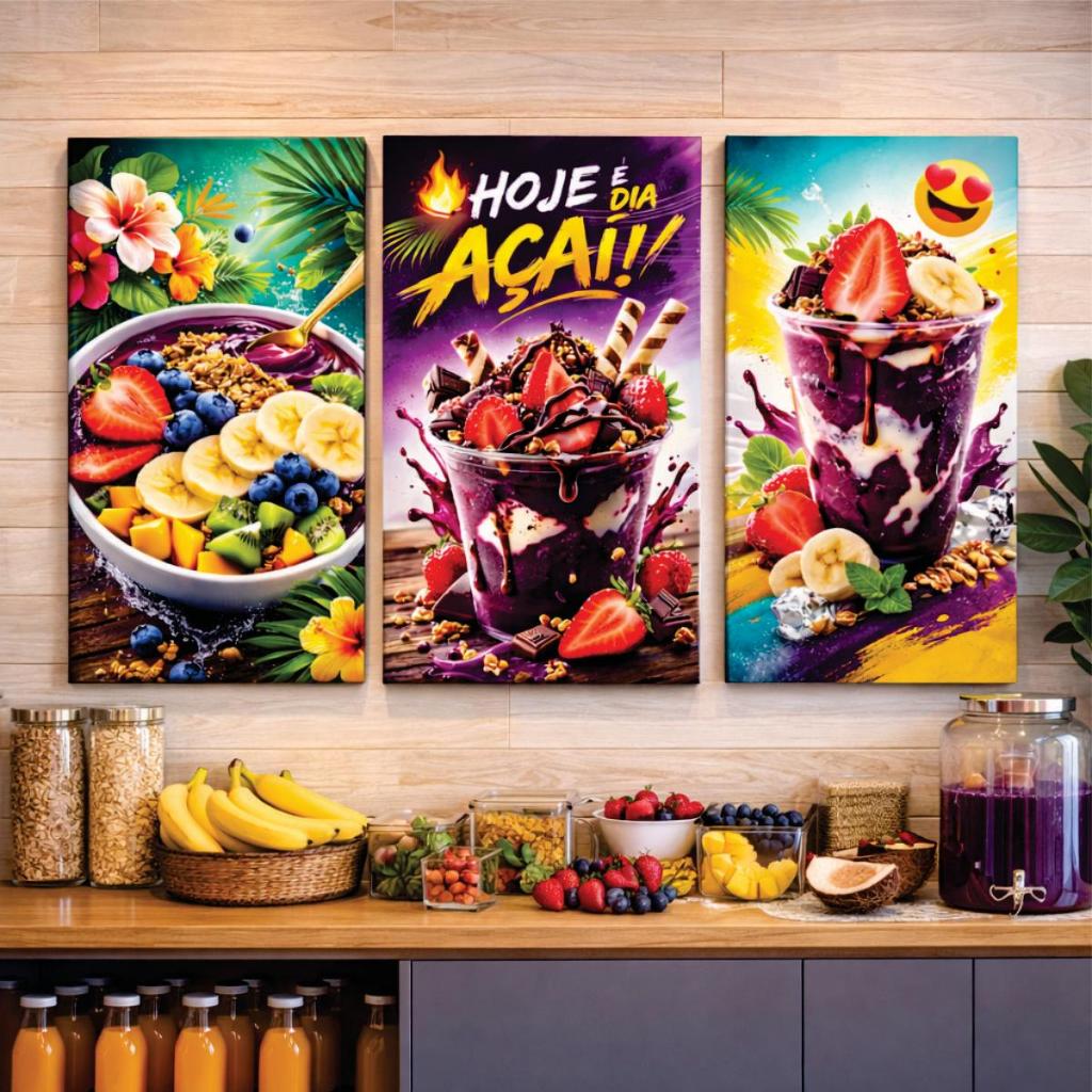 Quadro Decorativo 3 peças Hoje é dia de Açaí Frutas Sobremesa
